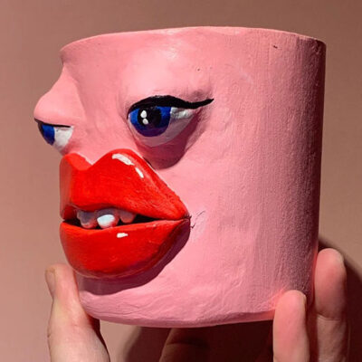 Quirky Strange Head Face Pot with Red Lips