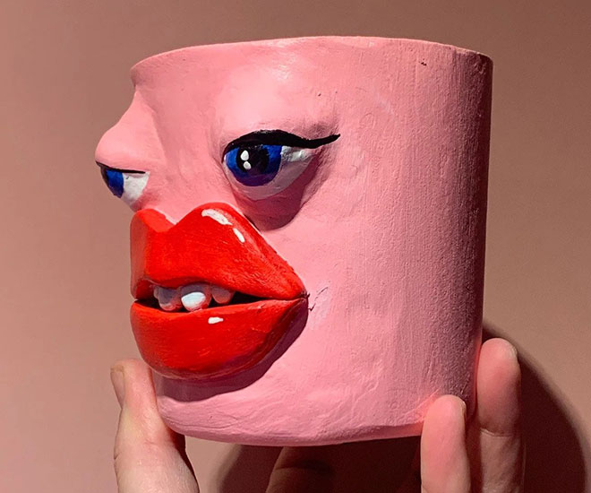 Quirky Strange Head Face Pot with Red Lips